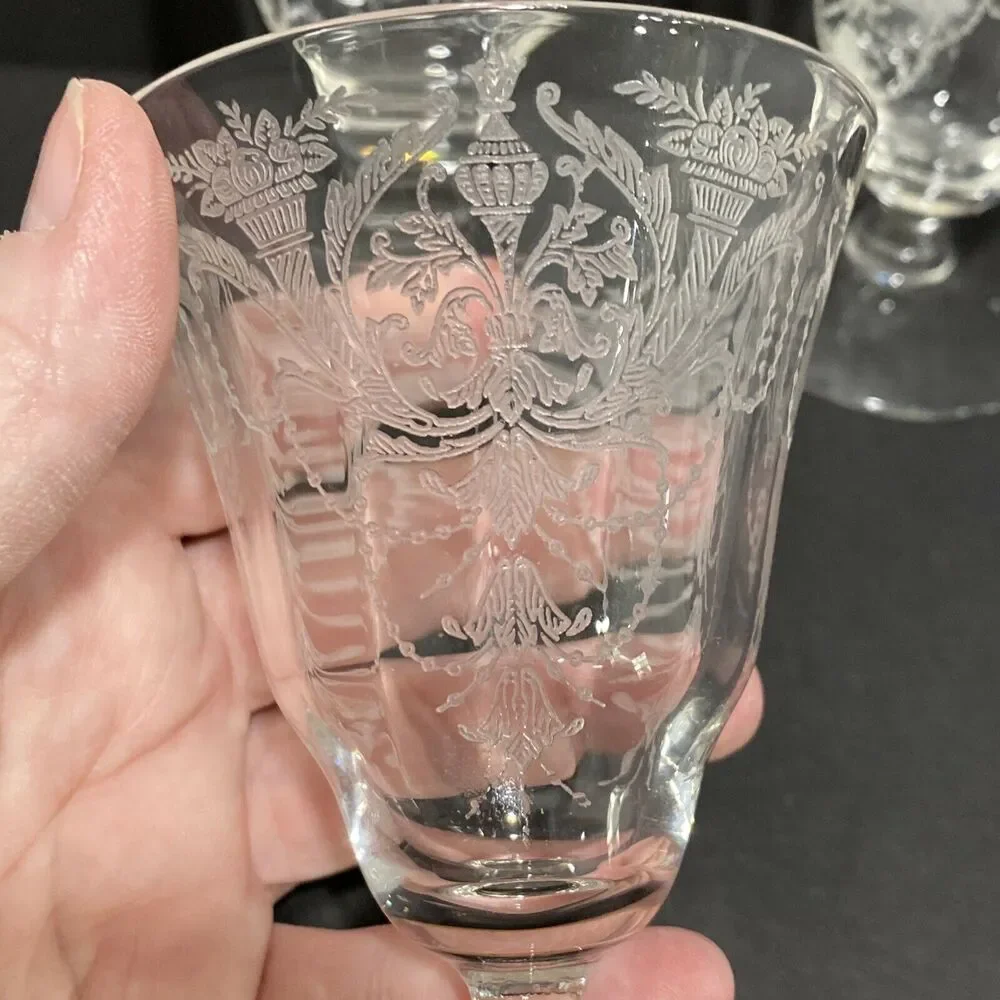 Morgantown etched crystal Milan pattern oyster cocktail glasses 1920's Art Deco